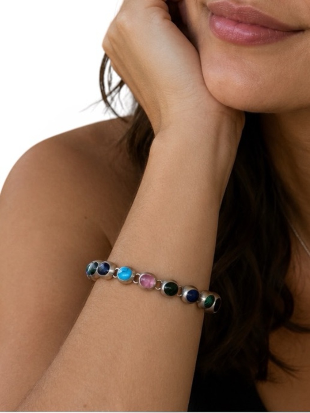 Taxco Mexico 925 Silver Multi Gem Turquoise Malachite Lapis Onyx Bracelet 7”